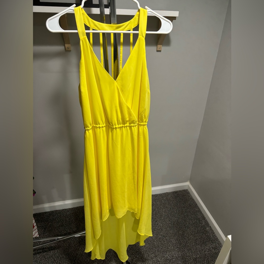 Bright yellow High Low Dress with gold chain cutout accents - small